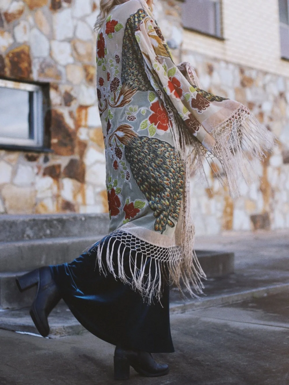 Peacock Burnout Velvet Fringe Kimono Robe Boho Festival BeigeTeal Silk Duster OS - Picture 12 of 14